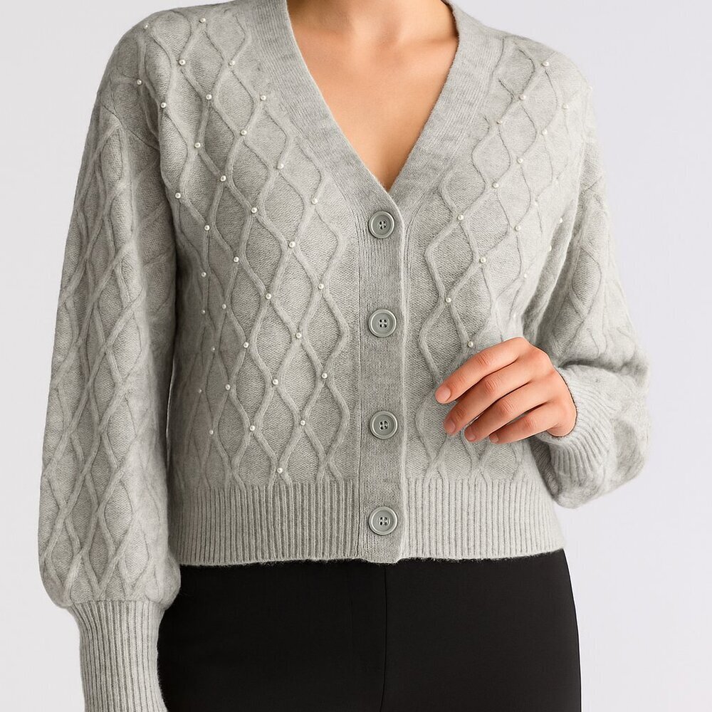 DR2 Embellished Gray Cardigan Sweater – Size XL – Faux Pearl & Rhinestone Detail
